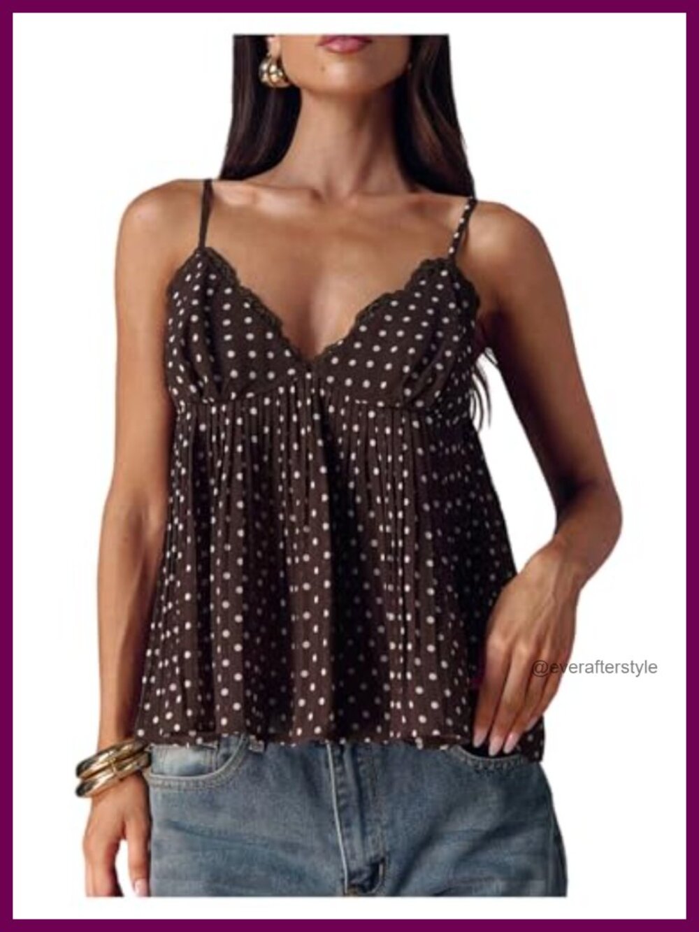 Polka Dots Babydoll Peplum Cami Top Lace Trim V-Neck Sleeveless Flowy